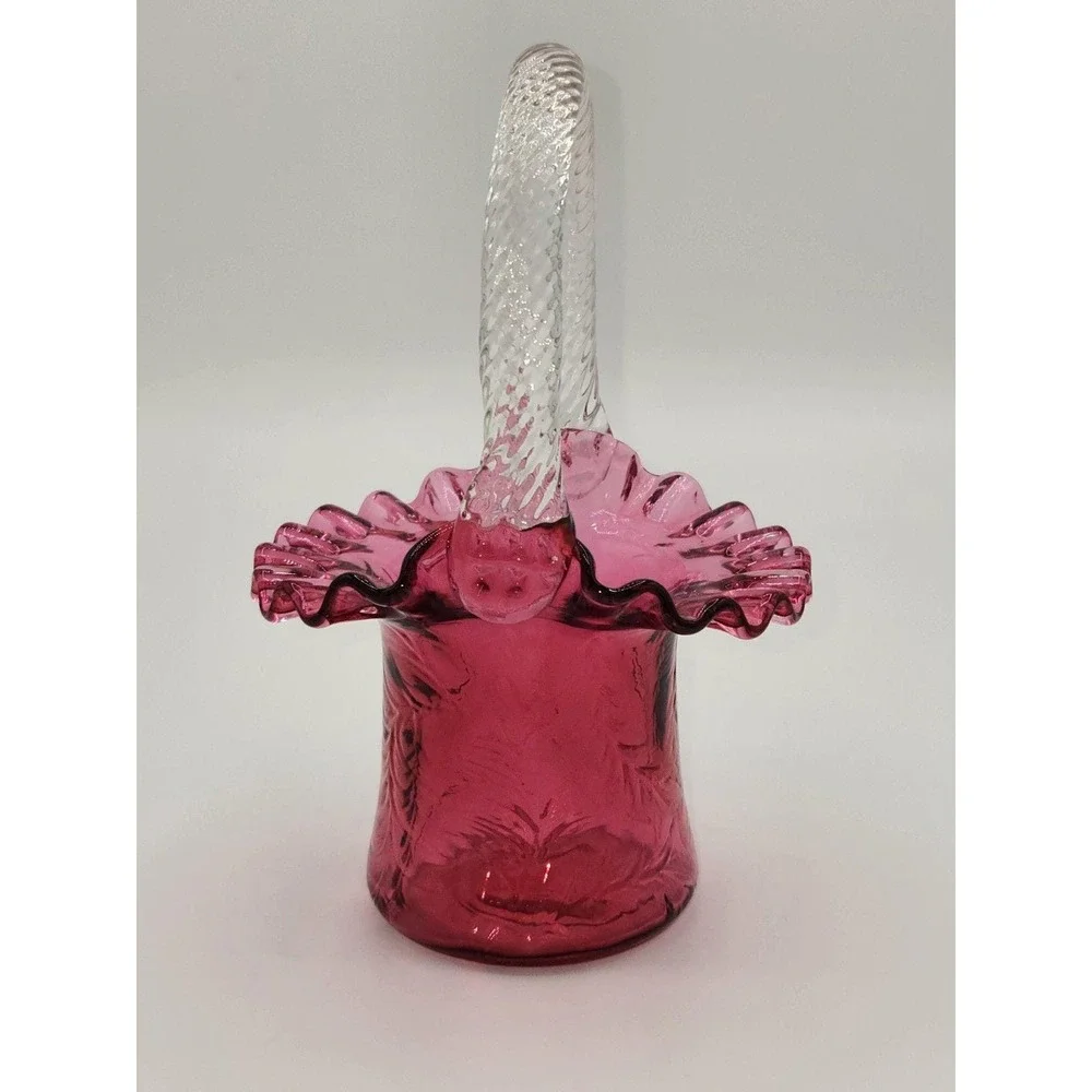 Fenton Glass Vintage Cranberry Fern‎ Ruffled Edge Hat Basket
